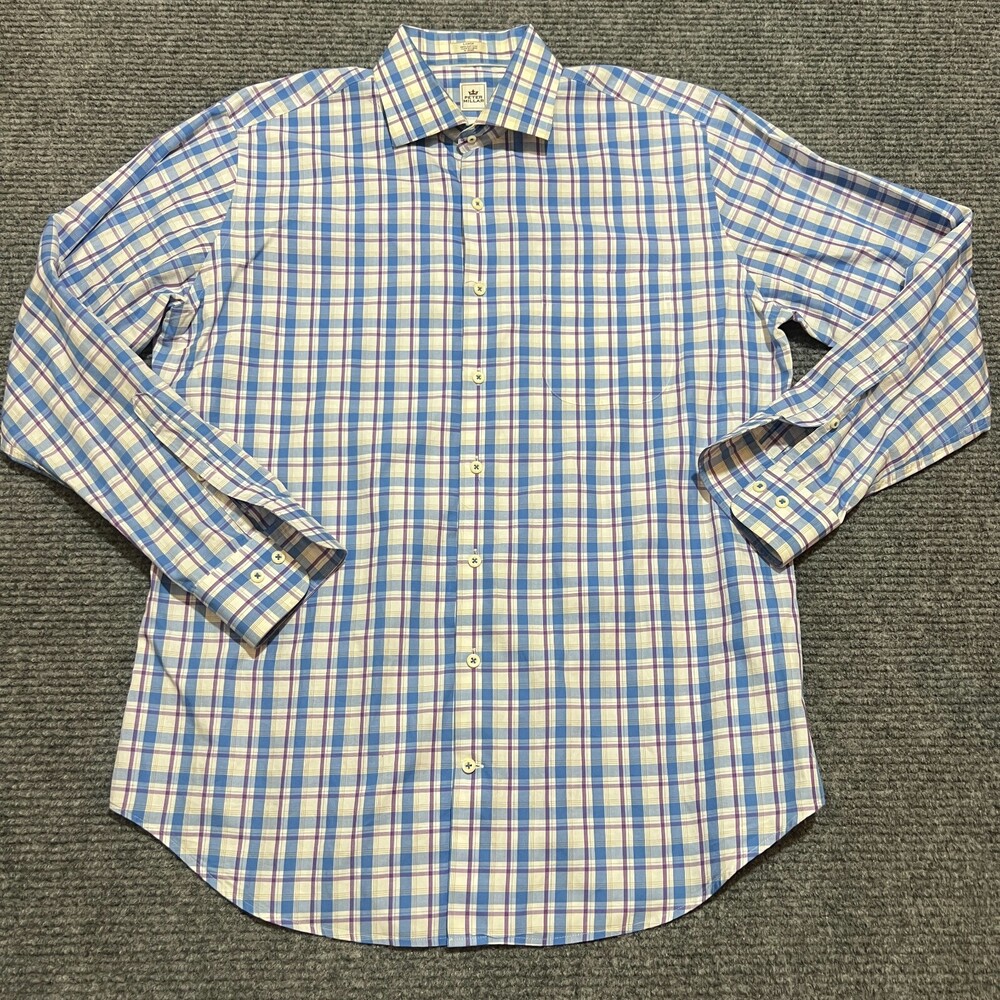 Peter Millar Dress Shirt Mens Large Blue Plaid Cotton Button Up Long Sleeve